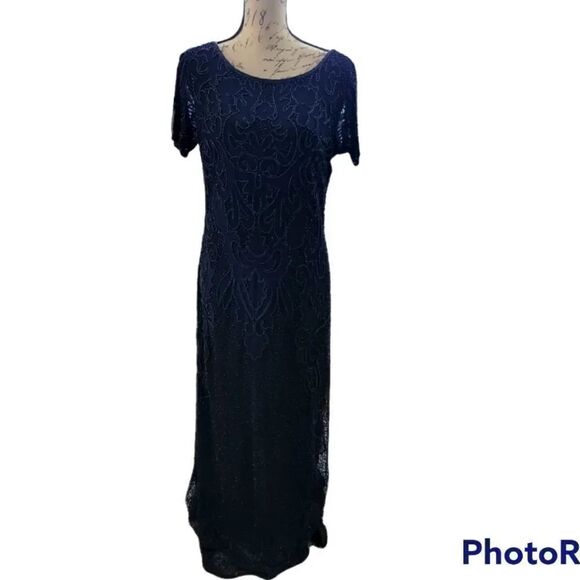 Pisarro Nights Ladies Size 2 Midnight Blue Long Beaded Gown - Picture 1 of 12